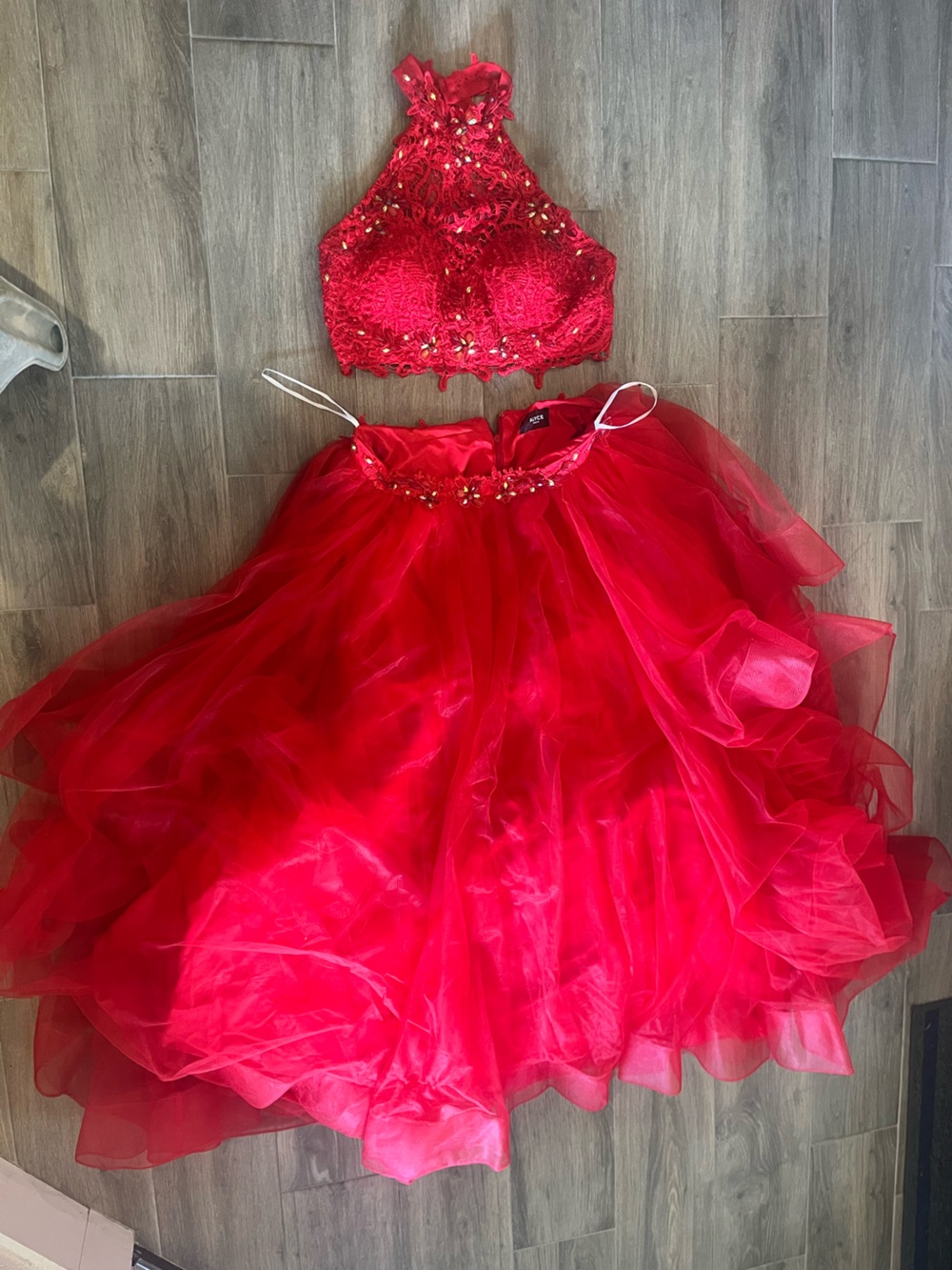 Red Two-Piece Prom Dress with Embellished Halter Bodice